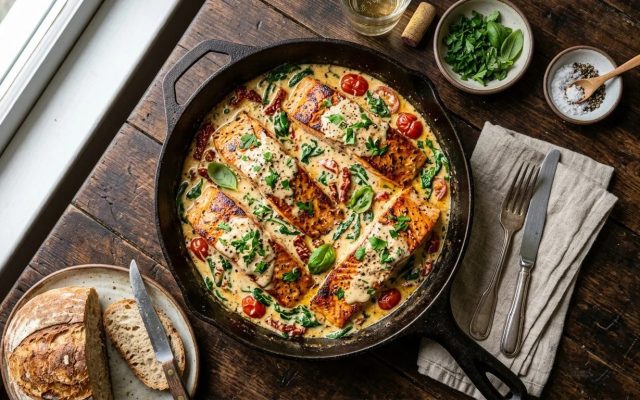 Creamy Garlic Butter Tuscan Salmon, One Skillet
